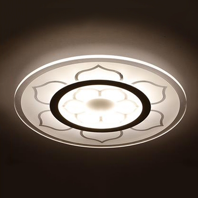 White Round Disc LED Ceiling Lamp with Flower Pattern Contemporary Acrylic Flush Mount