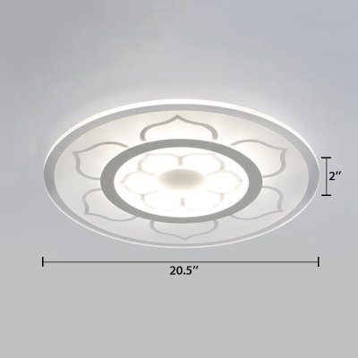 White Round Disc LED Ceiling Lamp with Flower Pattern Contemporary Acrylic Flush Mount