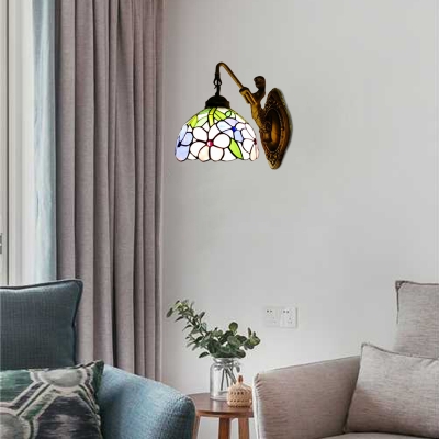 1 Light Rose Pattern Wall Sconce with Mermaid Tiffany Stained Glass Wall Lamp in Antique Brass