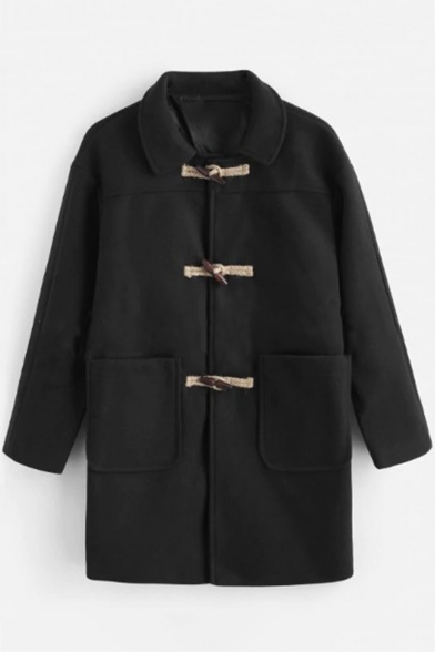 Men's New Stylish Simple Plain Toggle Button Large Pocket Warm Thick Longline Overcoat Duffle Coat