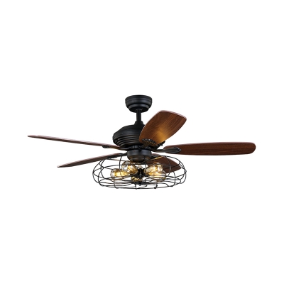 Caged Ceiling Fan with Five Blades 5-Lights Industrial Chandelier in Black for Dining Table