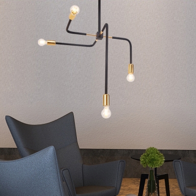 Black Curved Arm Hanging Light Modernism Minimalist Metallic 4 Heads Chandelier for Sitting Room