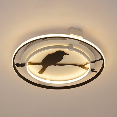 Double Ring Flush Light with Black Bird Silhouette Sitting Room Metal Art Deco LED Flush Mount Lighting