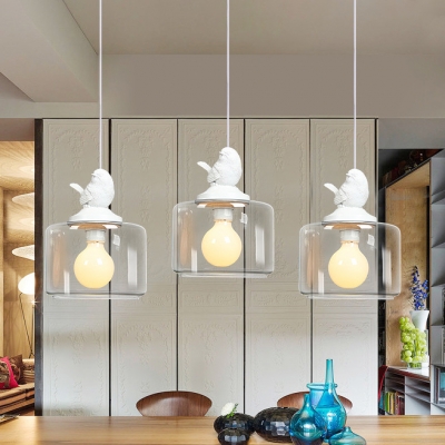 Linear Hanging Light with White Bird Decoration Dining Room Clear Glass Shade 3/5 Light Pendant Lamp