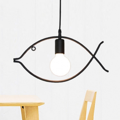 Bare Bulb Pendant Lamp with Fish Shape Metal Frame Simple Kindergarten 1 Head Hanging Lamp in Black