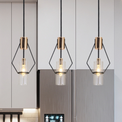 Geometric Frame Suspension Light with Tube Clear Glass Shade Minimalist Triple Lights Chandelier