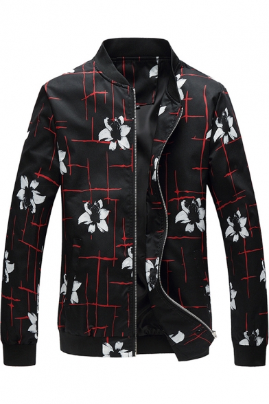 Men's Stylish Floral Printed Stand Collar Zipper Front Long Sleeve Fitted Jacket