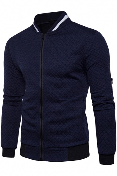 Popular Solid Stand Collar Men's Diamond Plaid Zipper Leisure Sweatshirt Coat