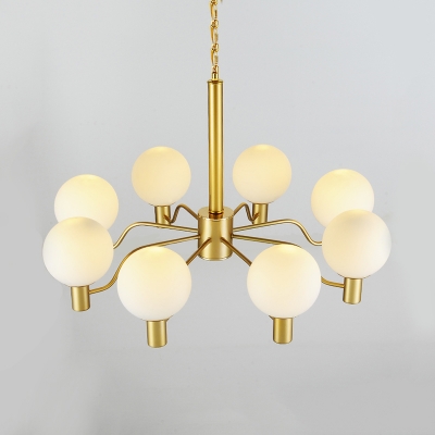 White Glass Ball Hanging Light Fixture Contemporary 3/6/8 Lights Chandelier Lamp in Gold for Bedroom