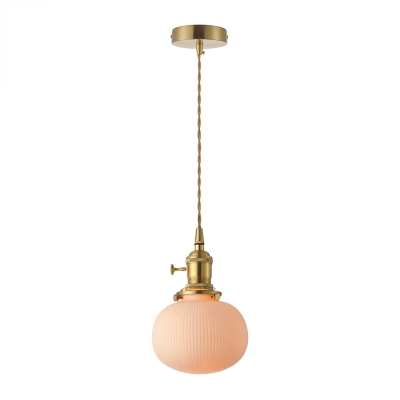 Tube/Bucket/Globe Hanging Lamp with Ribbed Ceramic Shade 1 Light Modern Pendant Lighting in Warm Brass