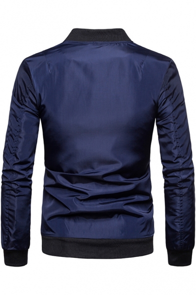 Fashion Casual Plain Long Sleeve Stand Collar Zippered Pockets Jacket Coat