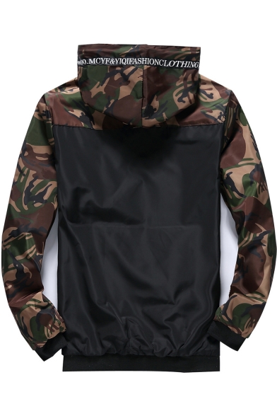 Men's Letter Camouflage Print Long Sleeve Drawstring Hooded Zip Up Jacket