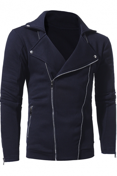 Casual Plain Double Zip Closure Long Sleeve Notched Lapel Collar Slim Sweatshirt Jacket