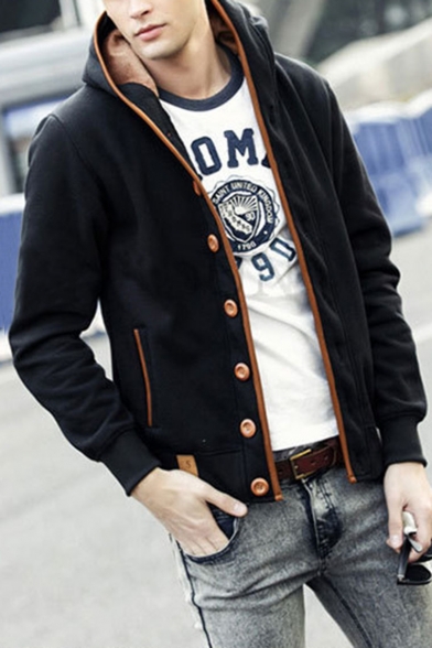 College Style Long Sleeve Contrast Button Closure Logo Elbow Patch Hoodie Coat for Men