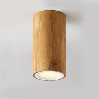 Contemporary Column Flush Mount Living Room Bedroom Wooden LED Ceiling Light in Natural