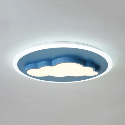 Nordic Macaron Cloud Ceiling Lamp with Round Canopy Blue/Pink Metal LED Flush Light for Baby Kids Room