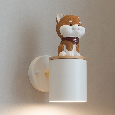 Single Light Cylinder Wall Light with Lovely Dog Decoration Kids Room Metal Sconce Light in White