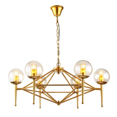 Handblown Glass Globe Chandelier Lighting Designer Style 6-Light Suspension Light in Satin Brass