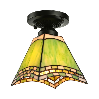 Green Cone Shade Black Base Stained Glass Tiffany Semi Flush Mount Ceiling Light