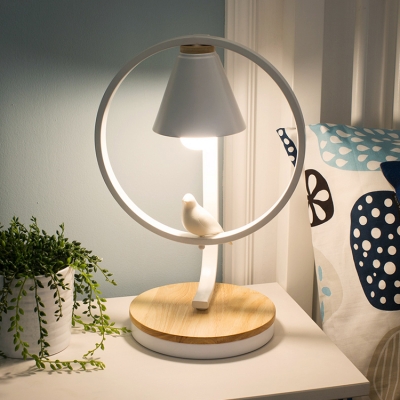 White Conical Table Lamp Metallic Single Head Standing Table Light with Bird Decoration for Baby Kids Room