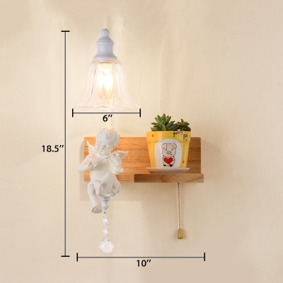 Clear Glass Bell Shade Wall Lighting with Baby Angel Boys Girls Room 1 Light Sconce Light in White with Pull Chain