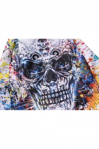 Hip Hop White Loose 3D Painting Skull Print Zipper Hooded Longline Windbreaker Coat