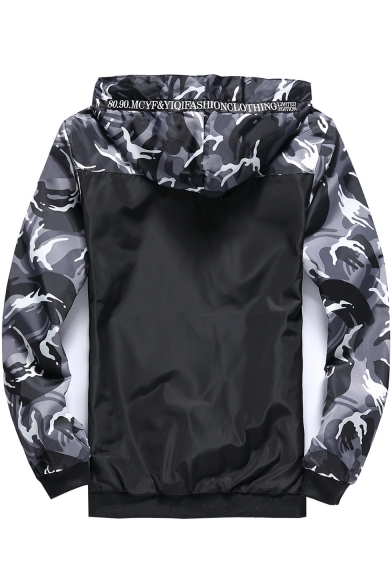 Men's Letter Camouflage Print Long Sleeve Drawstring Hooded Zip Up Jacket