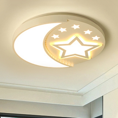 White Round Flush Light with Moon and Star Metallic LED Ceiling Flush Mount for Baby Kids Room
