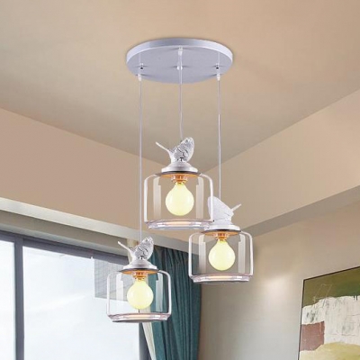 3/5 Lights Drum Suspension Light with Bird Decoration Living Room Clear Glass Ceiling Pendant Light in White
