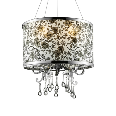 

Elegant 16'' Width Crystal Large Pendant Light Features Black Flowers on White Shade, HL276813