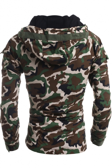 Men's New Stylish Military Camouflage Pattern Concealed Zipper Drawstring Hooded Jacket