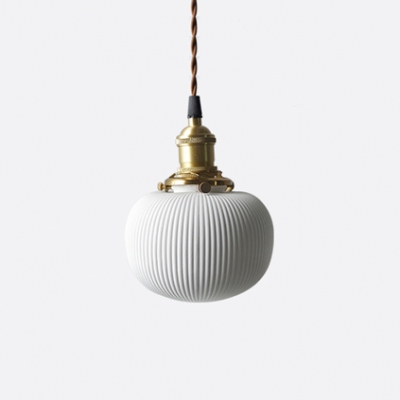Tube/Bucket/Globe Hanging Lamp with Ribbed Ceramic Shade 1 Light Modern Pendant Lighting in Warm Brass