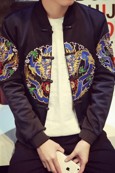 Chinese Style Dragon Embroidery Vintage Long Sleeve Stand Collar Frog Button Black Casual Jacket for Men