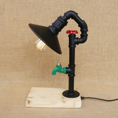 Industrial Table Light with Wood Base in Black Cone Shape