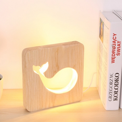 Lovely Cartoon Whale Table Light Children Bedroom Wood Energy Saving LED Table Lamp