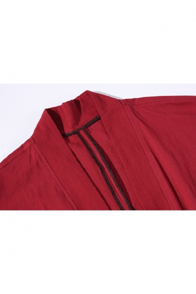 Mens Trendy Chinese Style Plain Welt Pockets Tied Waist Three-Quarter Sleeves Loose Cardigan Kimono Shirt Coat