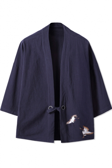 Retro Three-Quarter Sleeves Tied Waist Embroidered Crane Print Cardigan Kimono for Men