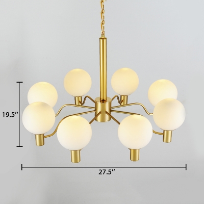 White Glass Ball Hanging Light Fixture Contemporary 3/6/8 Lights Chandelier Lamp in Gold for Bedroom