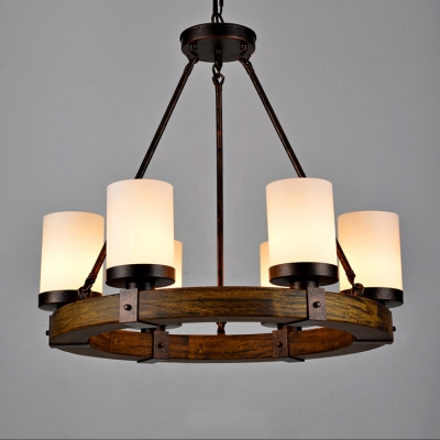 Industrial Chandelier In Cylinder Shape Black And Wood Rustic 6 Lights Beautifulhalo Com