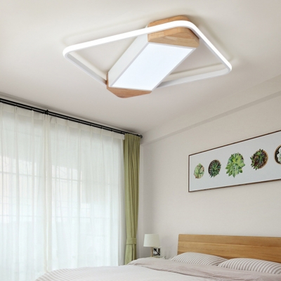 White Square Frame Flush Light Modern Minimalist Wooden LED Ceiling Fixture for Coffee Shop Sitting Room