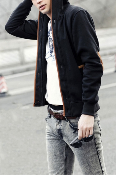 College Style Long Sleeve Contrast Button Closure Logo Elbow Patch Hoodie Coat for Men