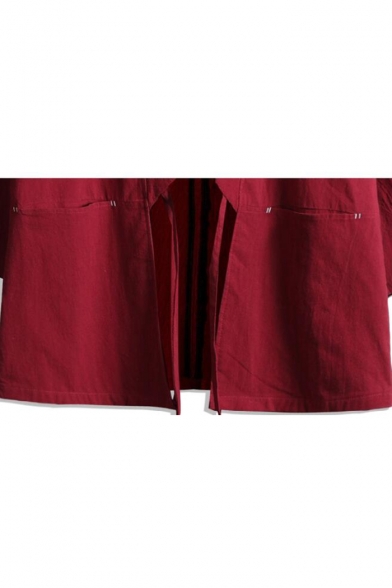 Mens Trendy Chinese Style Plain Welt Pockets Tied Waist Three-Quarter Sleeves Loose Cardigan Kimono Shirt Coat