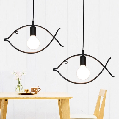 Bare Bulb Pendant Lamp with Fish Shape Metal Frame Simple Kindergarten 1 Head Hanging Lamp in Black