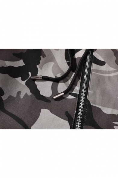 Men's Casual Letter Camouflage Print Long Sleeve Fishtail Hem Zip Closure Hooded Jacket