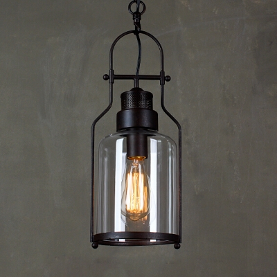 Lantern Hanging Light with Clear Glass Shade Country Style Single Pendant Light in Black