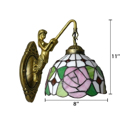1 Light Rose Pattern Wall Sconce with Mermaid Tiffany Stained Glass Wall Lamp in Antique Brass