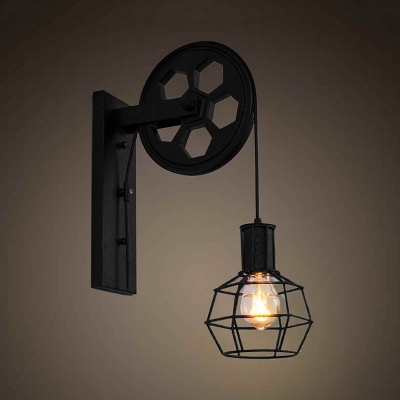 Black Metal Cage Wall Light with Pulley 1 Light Industrial Wall Mount Light for Kitchen