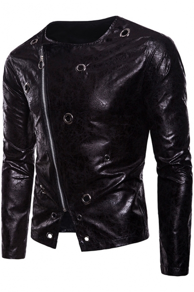 Fashion Long Sleeve Collarless Oblique Zipper Metal Ring Embellished Cropped Men's Leather Jacket