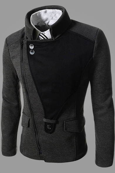 Mens Casual Lapel Collar Button Embellished Slim-Fit Oblique Zipper Jacket