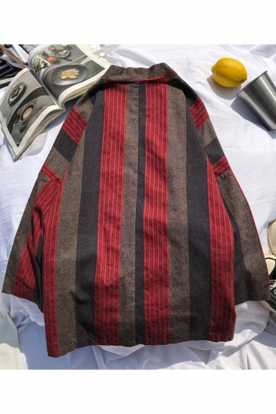 Retro Chinese Style Striped Pattern Pockets Drawstring Waist Three-Quarter Sleeves Loose Cardigan Kimono Shirt Coat